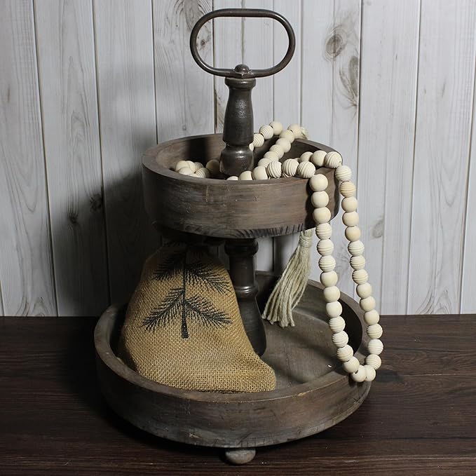 Farmhouse Decor Beads 60in Wooden Bead Garland with Tassels Rustic Minimalist Home Accent Prayer Country Boho Decoration for Wall Hanging Living Room Table Mantle Shelf Decor (Natural-style2)