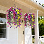 Artificial Hanging Petunias Flowers for Outdoor, 8pcs Fake Plants Long Vine Morning Glory Eucalyptus, UV Resistant Realistic Faux Greenery Outside Patio Porch Garden Spring Summer Decor, Mix Color