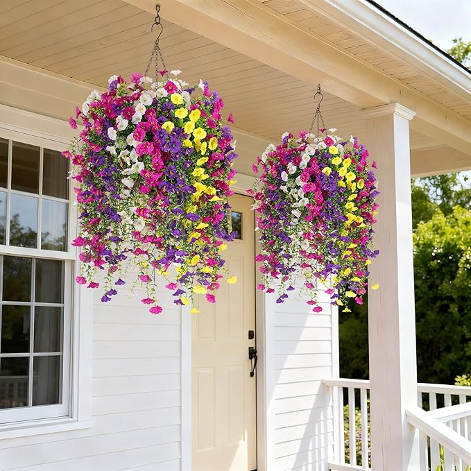 Artificial Hanging Petunias Flowers for Outdoor, 8pcs Fake Plants Long Vine Morning Glory Eucalyptus, UV Resistant Realistic Faux Greenery Outside Patio Porch Garden Spring Summer Decor, Mix Color