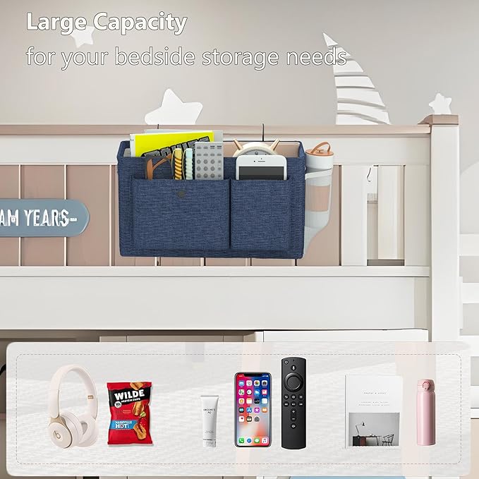 Edudif Bedside Caddy Bedside Organizer with Fixed Straps & Water Bottle Holder, Bunk Bed Caddy ideal for Home, Dorm, Hospital, Crib, Versatile Bedside Storage Solution