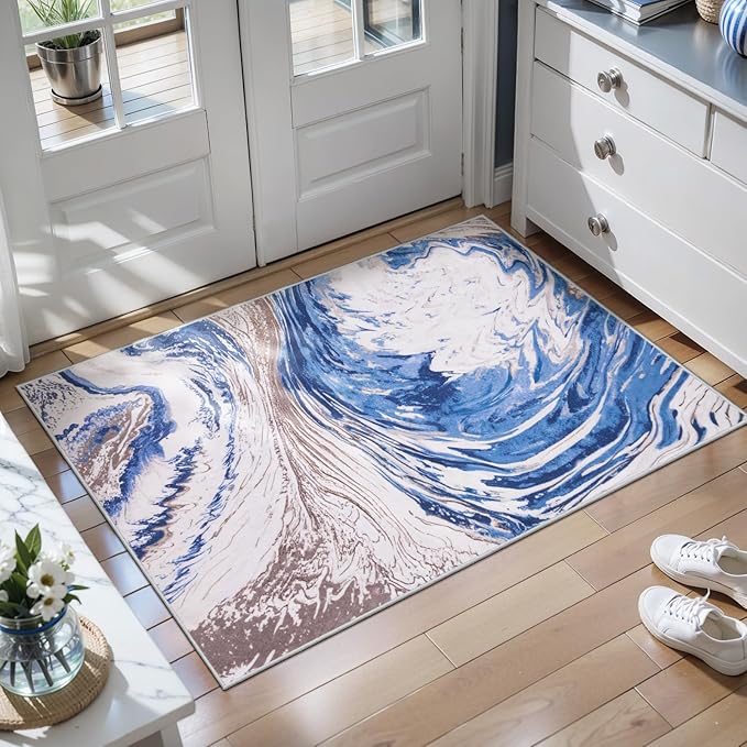 Ciicool Modern Abstract Area Rug 2x3 Washable Small Soft Entryway Rugs, Blue Brown Non-Slip Low Pile Throw Entry Rug, Foldable Kitchen Bathroom Rugs Floor Carpet for Entrance Bedroom Indoor Doormat
