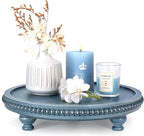 EOSAHR Round Pine Wooden Display Riser - Beaded Wood Riser for Plant Holder & Kitchen Sponge Holder, Perfume Stand Organizer - Rustic Farmhouse Style Kitchen Counter Decor, Boho Home Aesthetic (Blue)