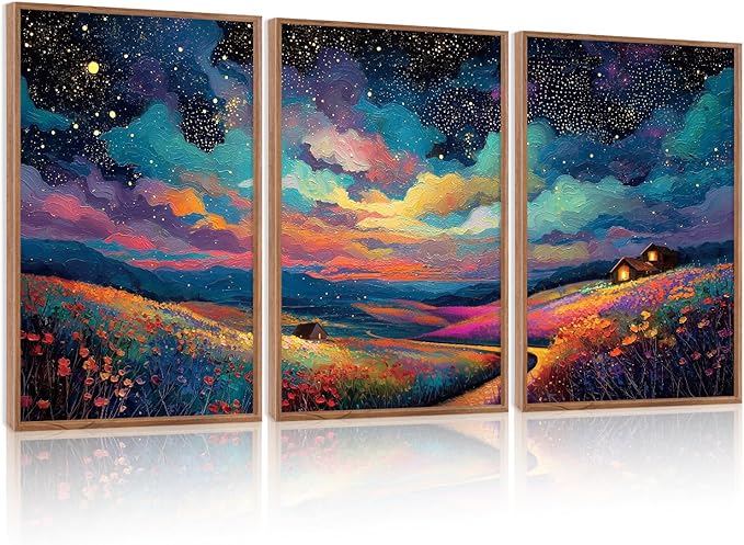 KAIRNE Framed Abstract Midnight Canvas Wall Art,Large Starry Night Prints Set of 3(16”X24”),Colorful Galaxy Space Wildflowers Wall Decor,Nature Dark Night Scene Paintings for Living Room Bedroom Decoration