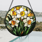 Stained Glass Window Hanging, Yellow and White Daffodils Sun Catcher for Door Home Decor Plants Flowers Suncatcher Christmas Mother's Day Birthday Gifts for Women Men Mom Nana 6.3 in