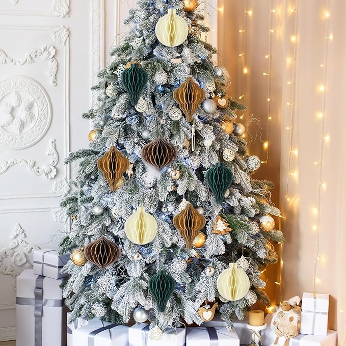 Gilprop 16 Pcs Christmas Paper Honeycomb Ornaments Paper Lantern Ornament 3D Hanging Honeycomb Balls Vintage Christmas Hanging Neutral Ornaments Decorations for Christmas Tree Xmas Holiday Party Decor