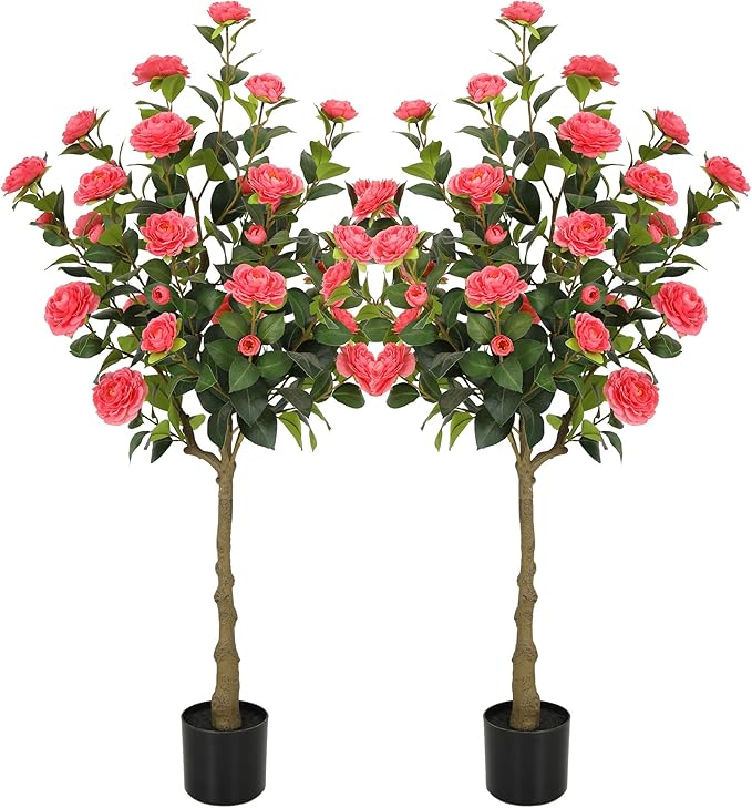 Bellacat 4ft Artificial Camellia Tree with Silk Pink Flowers, 48in Faux Camellia Plant with Lifelike Trunk, Fake Flower Tree Potted Front Door Plants for Porch Patio Deck Living Room Decor, 2Pack