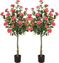 Bellacat 4ft Artificial Camellia Tree with Silk Pink Flowers, 48in Faux Camellia Plant with Lifelike Trunk, Fake Flower Tree Potted Front Door Plants for Porch Patio Deck Living Room Decor, 2Pack