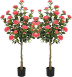 Bellacat 4ft Artificial Camellia Tree with Silk Pink Flowers, 48in Faux Camellia Plant with Lifelike Trunk, Fake Flower Tree Potted Front Door Plants for Porch Patio Deck Living Room Decor, 2Pack