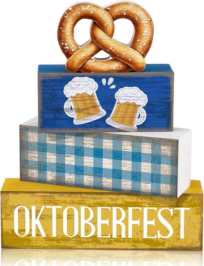 Yuntau 4 Pcs Oktoberfest Table Decorations Wooden Beer Tabletop Centerpiece Bavarian German Festival Tiered Tray Decor Rustic Oktoberfest Block Sign for Photo Prop Party
