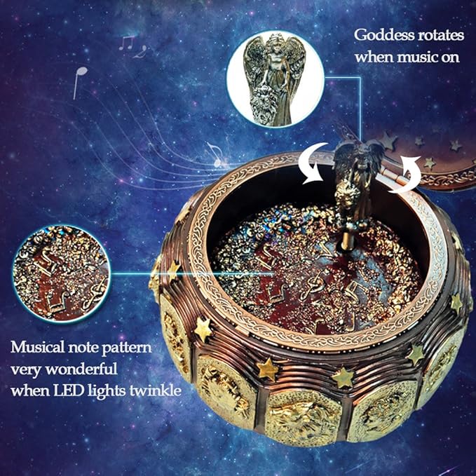 Briskfeel Vintage Music Box with Constellations Rotating Goddess LED Lights Twinkling Resin Carved Mechanism Musical Box with Sankyo 18-Note Wind Up Signs of The Zodiac Gift for Birthday (A1 Vintage)