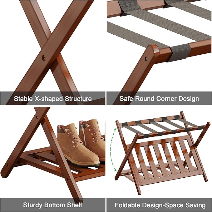 Full Assembled Luggage Rack Set of 2, Bamboo Luggage Holder Rack for Guest Room, 26.77" L Folding Suitcase Stand with 5 Nylon Straps & Storage Shelf for Bedroom Hotel (2 Pack - Brown)