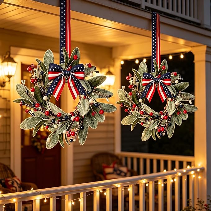 4 PCS Patriotic 4th of July Hanging Wreaths for Cabinets Small Independence Day Wreaths for Front Door with Red White Blue Berries & Lamb's Leaves Memorial Day Labor Day Mini Wreath for Home Decor