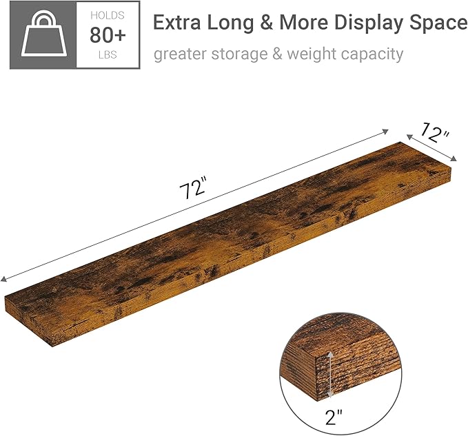 Vivelove 12 Inch Deep Floating Shelves 72 inch Long, 72 x 12 Wide Wall Shelves with Invisible Brackets, for Bedroom Bathroom Living Room Kitchen Office, Farmhouse Home Decor, Set of 1, Rustic Brown