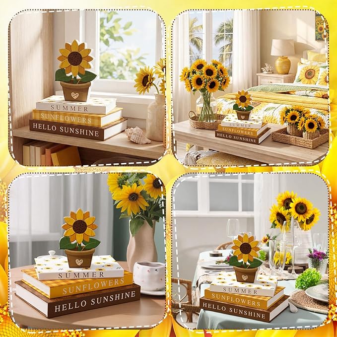 Thyle Sunflower Fake Decorative Books Wooden Sunflower Table Signs Faux Summer Decor Farmhouse Hello Sunshine Decoration Books for Summer Party Office Home Shelf Coffee Table Mantel Decor