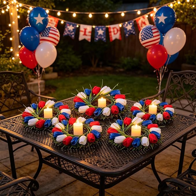 4 PCS 4th of July Hanging Wreaths for Cabinet Small Patriotic Tulip Silk Independence Day Wreaths for Front Door with Red White and Blue Flower Memorial Day Labor Day Candle Wreath for Home Wall Decor