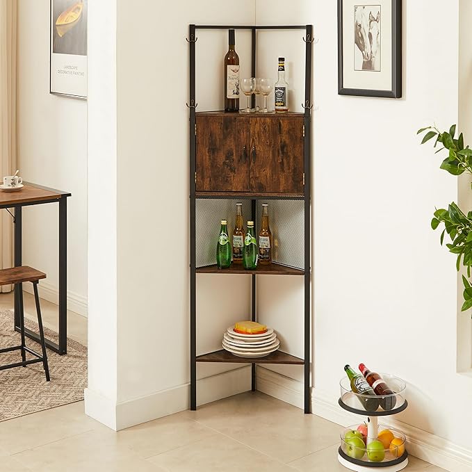 VECELO 4 Tier Corner Cabinet, 59" Tall Standing Organizer with 4 Dual-Hooks, Storage Rack, Narrow Bookshelf Display Shelves Rack for Wall Corner, Living Room, Kitchen, Bedroom, Office, Retro Brown