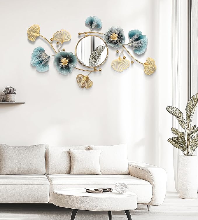 Large Wall Mirror,Modern Wall Mirrors Decorative,3DMetal Ginkgo Biloba Design - Perfect for Living Room, Bedroom, Bathroom, or Entryway Wall Decor