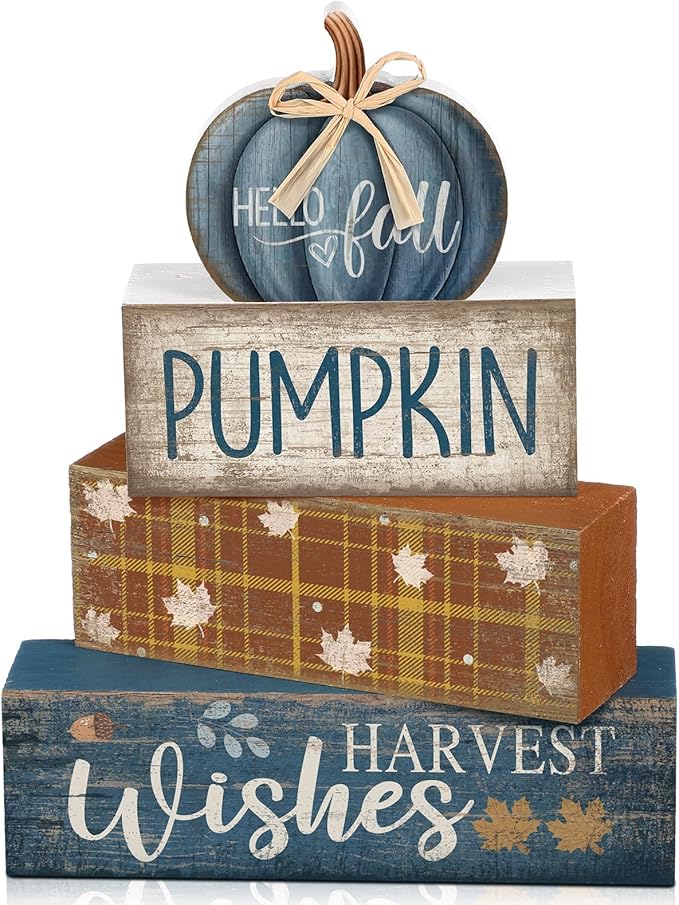 Lineshading 4 Pcs Fall Decoration for Home Wooden Blue Pumpkin Decor Thanksgiving Tiered Tray Decor Fall Centerpiece Rustic Decorative Block Signs Gift Farmhouse Autumn Table Decors for Home Kitchen