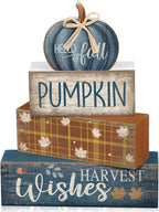 Lineshading 4 Pcs Fall Decoration for Home Wooden Blue Pumpkin Decor Thanksgiving Tiered Tray Decor Fall Centerpiece Rustic Decorative Block Signs Gift Farmhouse Autumn Table Decors for Home Kitchen