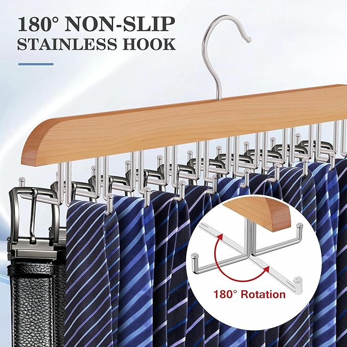 Tie Rack Hanger for Closet 20 Foldable Hooks, 1 Pack Wooden Non Slip Large Capacity Space Saving Tie and Belt Organizer with 360°Rotating Hooks for Tank Tops Bras Scarves Hat