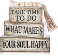Yuntau 4 Pcs Farmhouse Tabletop Decoration Inspirational Farmhouse Tiered Tray Decor Rustic Retro Wood Bead Garland Take Time to Do What Makes Your Soul Happy Block Centerpiece Sign for Home Shelf