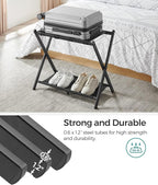 SONGMICS Luggage Rack for Guest Room, Suitcase Stand with Storage Shelf, Steel Frame, Foldable for Easy Storage, Hotel, Bedroom, Black URLR003B01