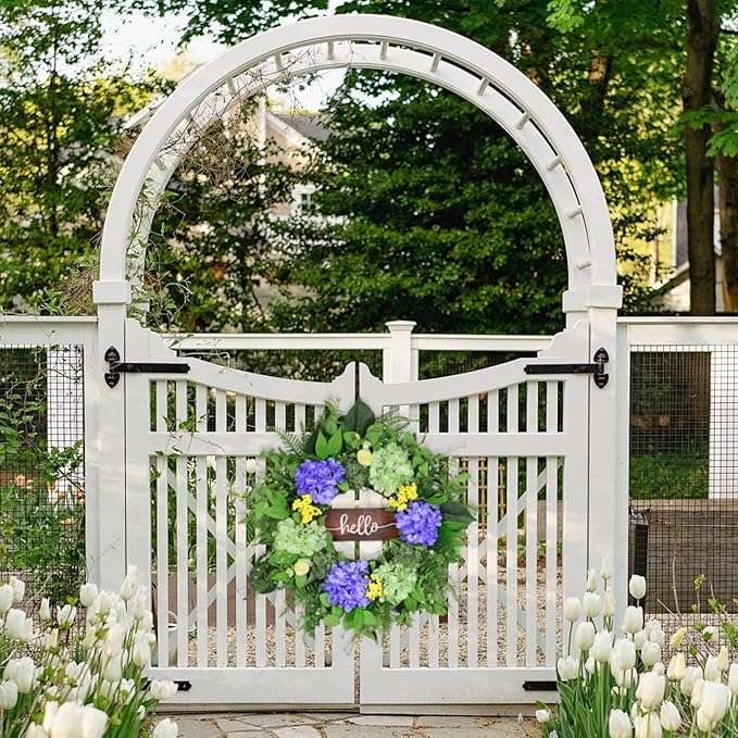 24” Spring Summer Wreaths for Front Door, Greenery Front Door Wreath with Hello Sign for Indoor Outdoor Porch Window Wall, Artificial Floral Wreath with Hydrangeas Berries for Home Decor
