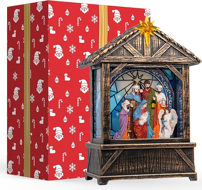 Christmas Snow Globe Lantern Water Glittering Nativity Manger with Star, USB Lined/Battery Operated Lighted Lantern for Christmas Festival Decoration Gifts