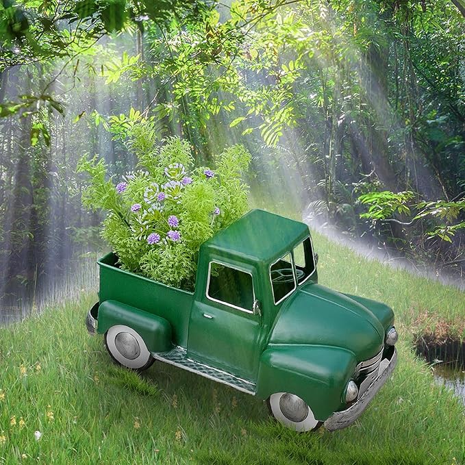 Farmhouse Green Truck Decor, Metal Pickup Trucks Planter, Vintage Old Truck Desktop Storage Car Model for Home Indoor and Outdoor Table Center Decor