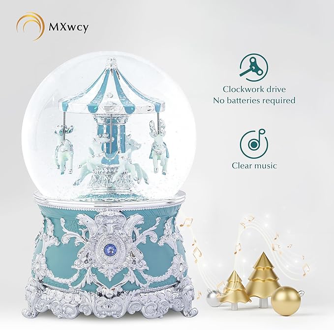 Carousel Music Box Moose Silver & Turquoise Christmas Snow Globes, 7.1" Rotate Carousel Snow Globe for Kids & Adults, Classic Wind up Musical Snow Globe Valentines Day Gifts for Women Girls Home Decor