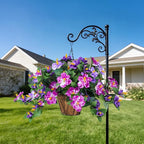 Artificial Flowers for Outdoors Indoors,3 Bunches Fake Hibiscus with Hanging Basket Realistic UV Resistant Silk Flower Leaves,Faux Plant for Outside Home Patio Garden Poch(Purple,Fuchsia)