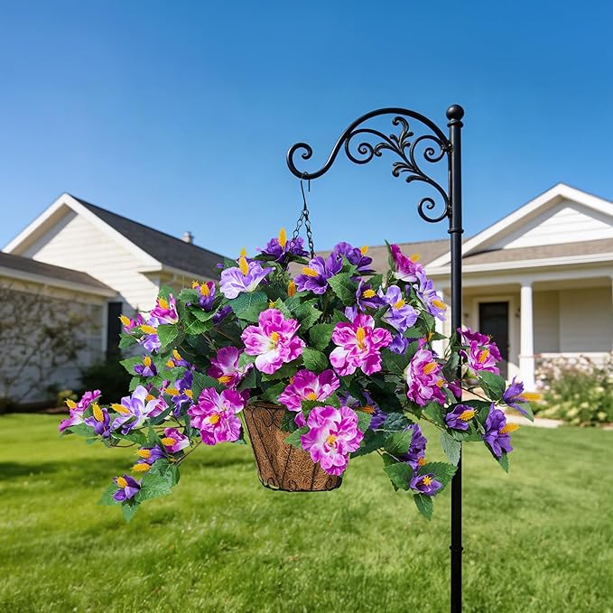 Artificial Flowers for Outdoors Indoors,3 Bunches Fake Hibiscus with Hanging Basket Realistic UV Resistant Silk Flower Leaves,Faux Plant for Outside Home Patio Garden Poch(Purple,Fuchsia)