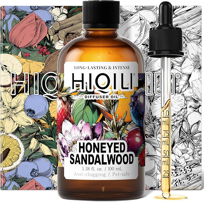 HIQILI Honeyed Sandalwood Diffuser Oil for Car Air fresheners, Ultrasonic or Reed Diffuser, Relaxing & Cozy, Hotel Scent - 3.38 Fl Oz