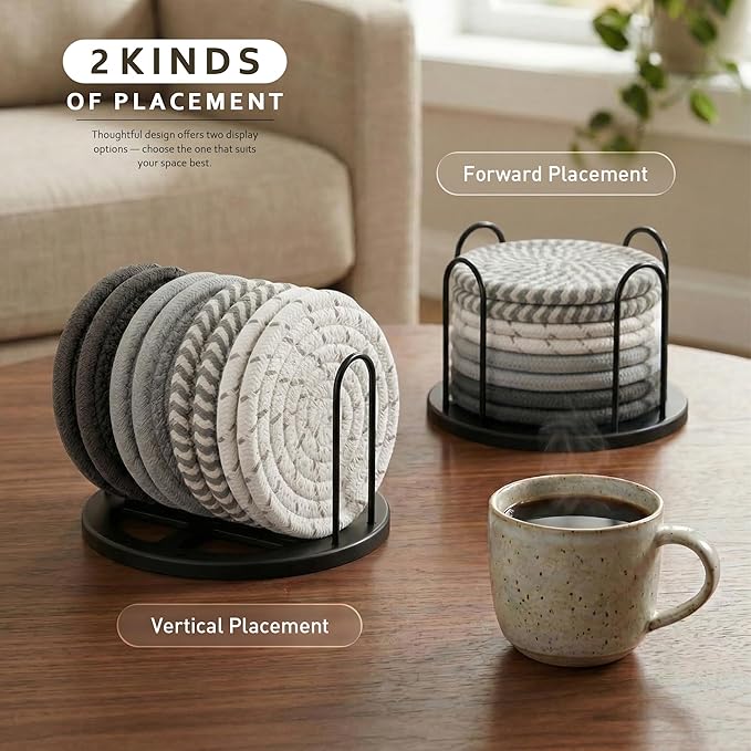 Lazebox Coasters Set of 8 for Drinks, 4 Inch Large Coasters for Coffee Table, Tabletop Protection for Hot & Cold Drinks, Versatile Coasters for Home Decor, Non-Slip & Easy to Clean, Gray