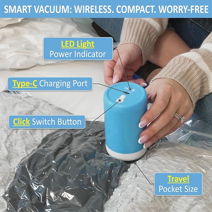 Cozy Essential Travel Vacuum Storage Bags with Rechargeable Cordless Electric Pump, Space Saver Bags for Luggage, Suitcase, Carry-On, for Clothes, Blankets, Comforters, Pillows, 12 Combo