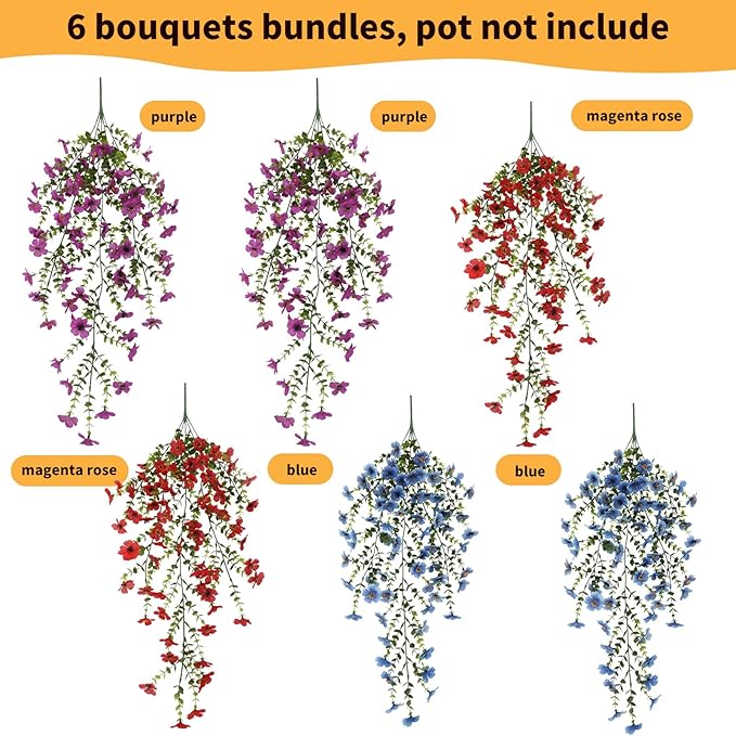 Artificial Hanging Flowers for Outdoors, 6 Pcs Fake Plant for Spring Summer Decoration, UV Resistant Realistic Silk Faux Flowers Outside Indoor Planter Porch Patio Balcony Yard Decor