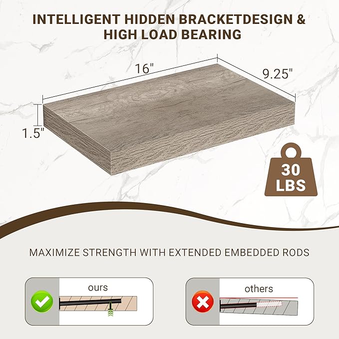 Acovy 16 Inch Floating Shelves, 3D Textured Wood Grain, 16"x9.25"x1.5" Inch Deep Floating Shelves for Wall, Wooden Shelves for Bathroom, Bedroom, Living Room, Vintage Gray Oak, 2 Pieces