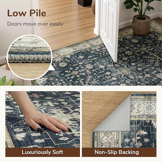 Lessymo Large Entryway Rug 3x5, Black Brown Washable Boho Area Rugs for Large Kitchen, Bedroom Bedside, Living Room, Non Slip Low Pile Carpet Oushak Vintage Floral Moody Decor
