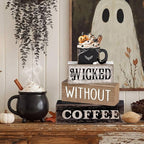 Lineshading 4 Pcs Halloween Coffee Table Decorations Wicked Wooden Stacked Sign Decor Rustic Halloween Tiered Tray Decor Decorative Pumpkin Ghost Hot Cocoa Centerpiece for Home Kitchen Coffee Bar