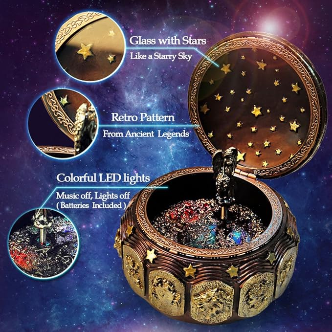 Briskfeel Vintage Music Box with Constellations Rotating Goddess LED Lights Twinkling Resin Carved Mechanism Musical Box with Sankyo 18-Note Wind Up Signs of The Zodiac Gift for Birthday (A1 Vintage)