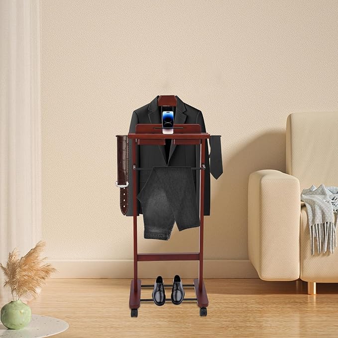 Suit Valet Stand for Men, Wood Suit Rack, Mens Valet Stand, Clothes Stand with Universal Wheels, Freestanding Clothing Stand for Home, Office, Hotel, Upscale Clubs