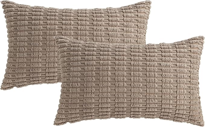 MIULEE Pack of 2 Corduroy Decorative Lumbar Throw Pillow Covers 24x12 Inch Soft Boho Striped Pillow Covers Modern Farmhouse Home Decor for Sofa Living Room Couch Bed Light Brown