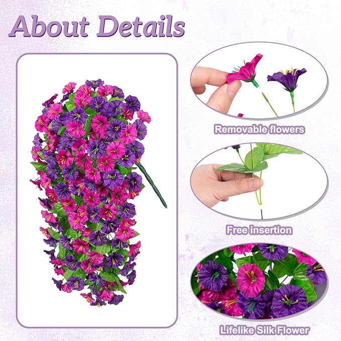 Artificial Fake Hanging Flowers Basket for Spring Decor, Faux Silk Flower in Planter for Summer, Outdoor Artificial Floral for Home Porch Yard(Purple-red Deep Purple)