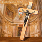ACHIBANG 10 Inch Wooden Catholic Crucifix Wall Cross with Jesus & Saint Benedict Medal, Natural Wood Religious Decor for Home Prayer Room, Baptism Confirmation Catholic Gifts