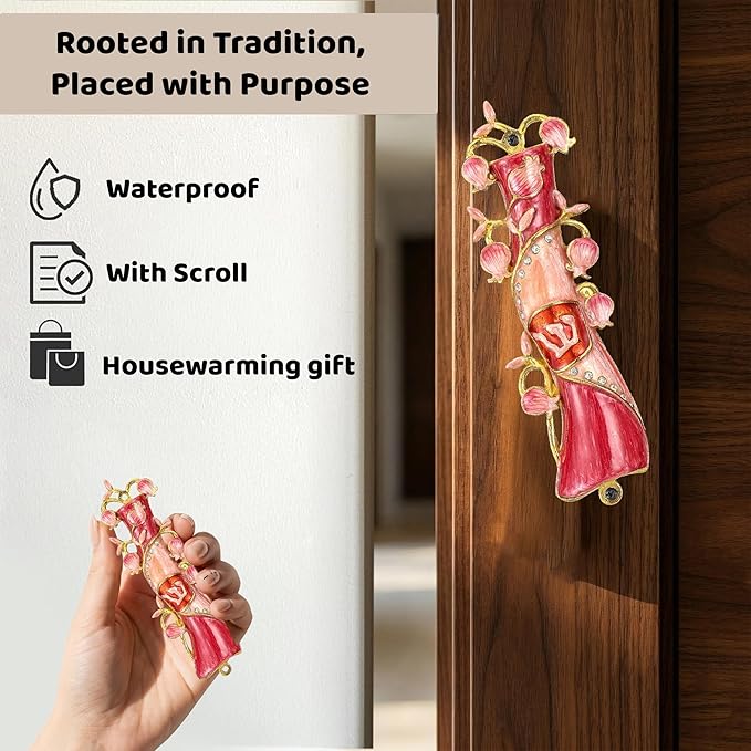 Matashi Hand Painted Mezuzah Gold Plated and Crystals (Red & Pink Enamel Mezuzah)