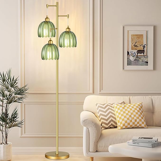 QIYIZM Gold Floor Lamp for Living Room,Bedroom,Mid Century Modern Standing Lamp Brass Tree 3 Light Tall Floor Lamps Vintage Retro Floor Lights Glass Green Flower Lamp Shade Farmhouse Boho Bohemian