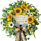 Spring Wreaths for Front Door 24 Inch Handmade Spring Summer Wreath with Artificial Sunflowers,Welcome Message Sign & Elegant Bow and White Yellow Daisy Wildflowers for Home,Porch&Gift Giving