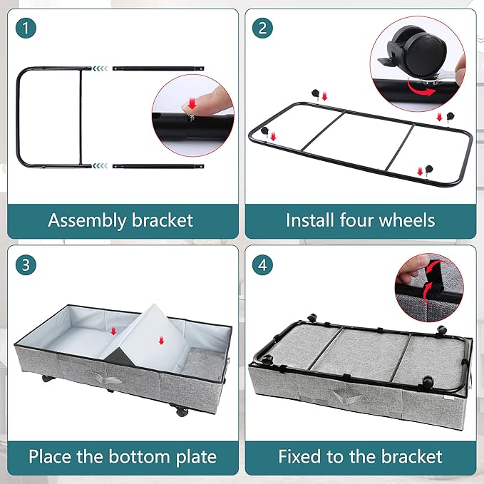 Under Bed Storage with Wheels, Rolling Underbed Storage Containers with Lids, Under Bed Shoe Storage Bins Organizer with Reinforced Metal Bottom Support and Three Handles