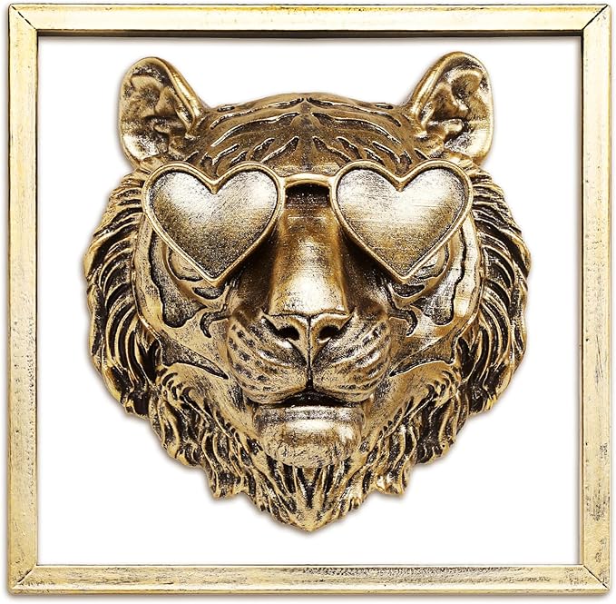 Newinhome Animal Heads Wall Decor (Includes Metal Frame) Resin Animals Sculptures Head Wall Hanging Decoration Gold vintage Wall Sculpture for Living Room Bedroom Office(Tiger)