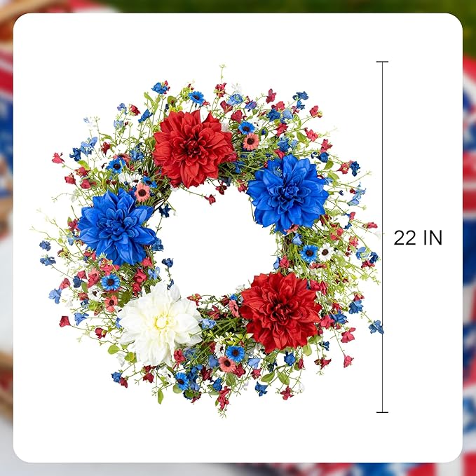 VioletEverGarden 22 Inch 4th of July Wreaths for Front Door Artificial Patriotic Wreath Red White and Blue Wreath with Dahlia for Independence Day Memorial Day Flag Day Decor